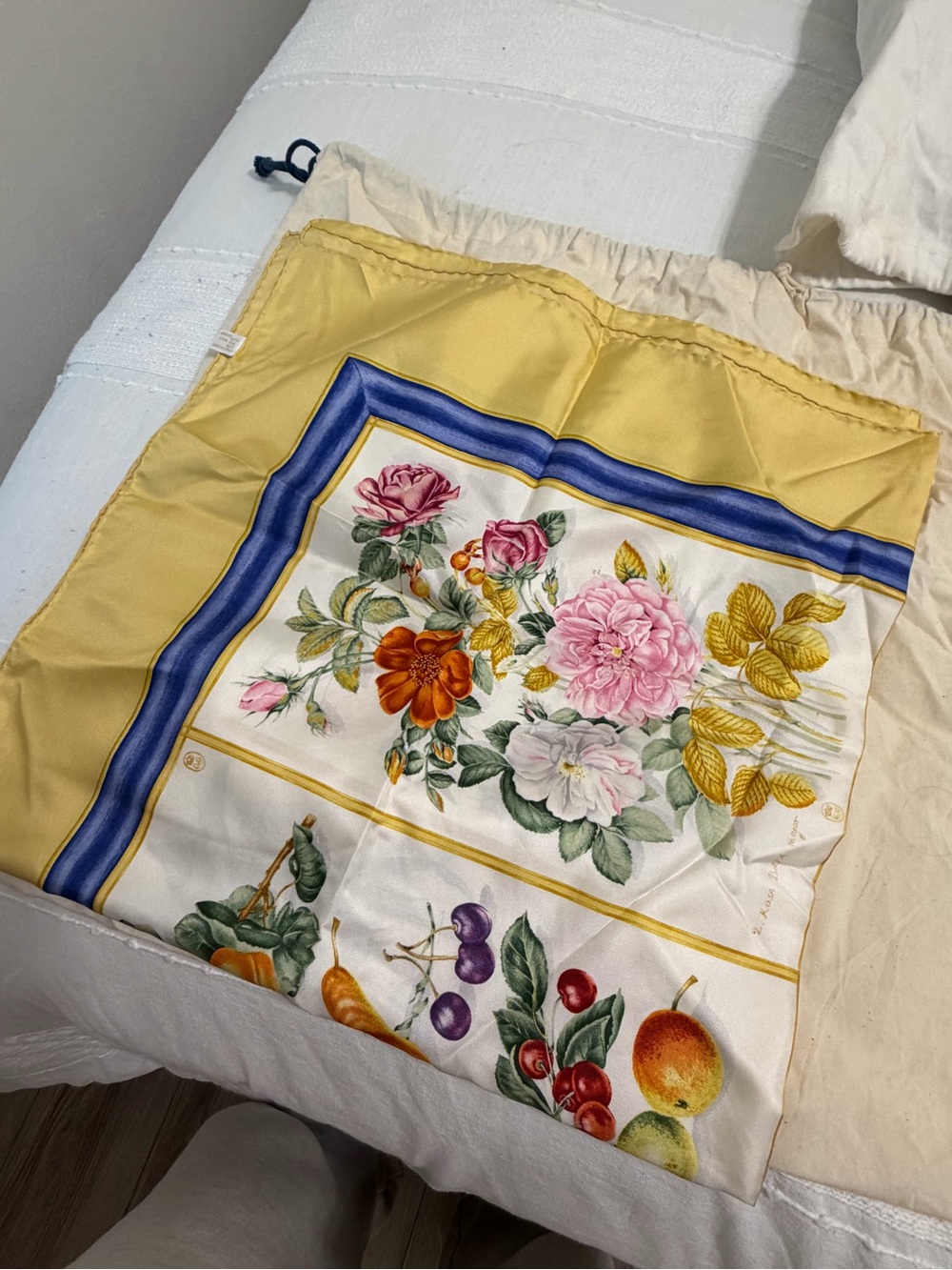 Authentic Gucci Silk Scarf – Floral & Fruit Print